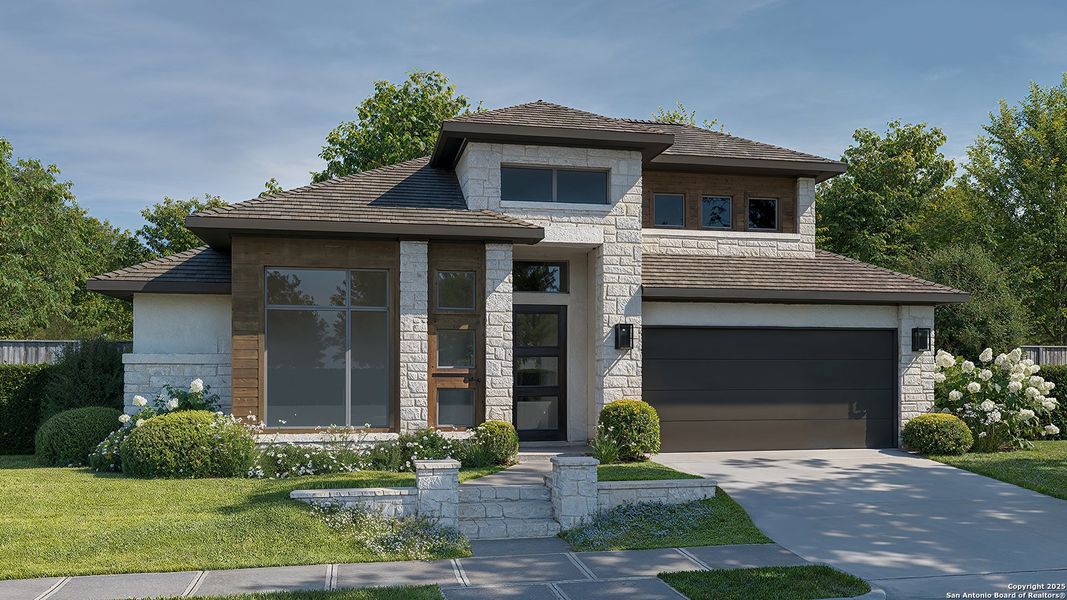 Front exterior of a new home in Hidden Canyon 55', San Antonio, TX, highlighting curb appeal (Image 2).