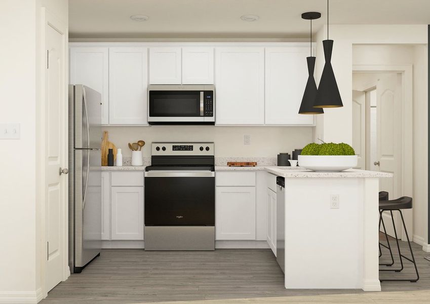 Rendering of a kitchen with white cabinetry and stainless steel appliances. Rendering of a kitchen with white cabinetry and stainless steel appliances.