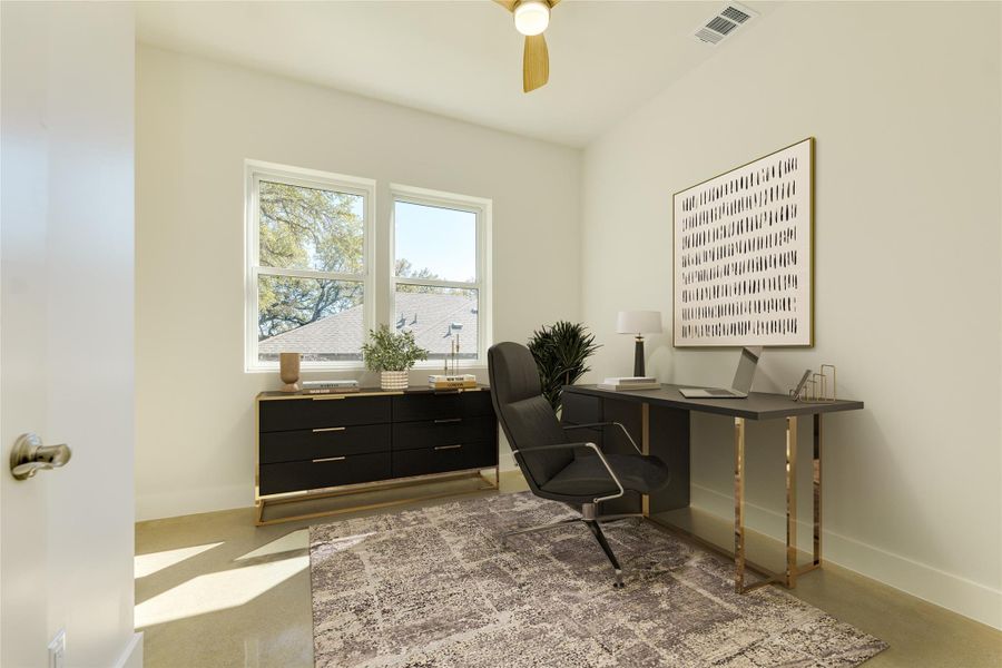 Office located on the main floor. Could be used as a guest bedroom. Half bath near room.  Virtual staging in this photo.