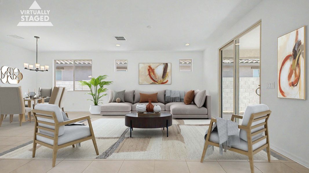 Bright, virtually staged great room in this quick move-in home by DRB Homes at Saguaro Hills at Vistancia, 32371 N 123rd Dr.