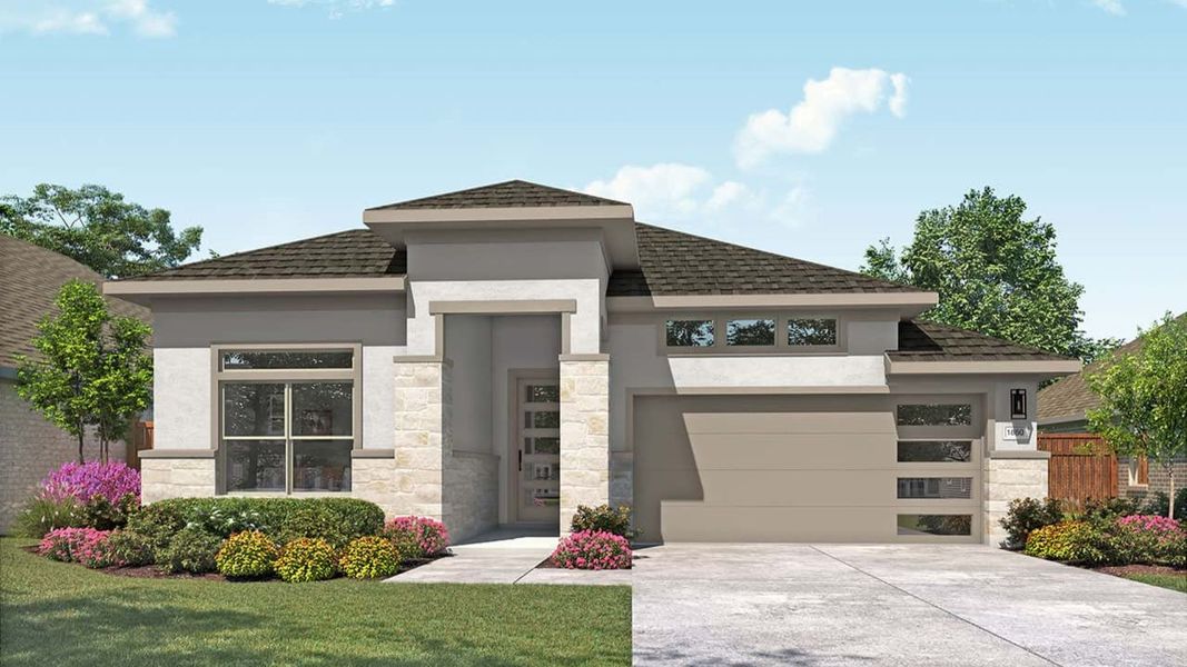 Representative exterior photo of a completed home built from the Mahogany by DRB Homes in Infinity Square, Kyle, TX (Image 6).