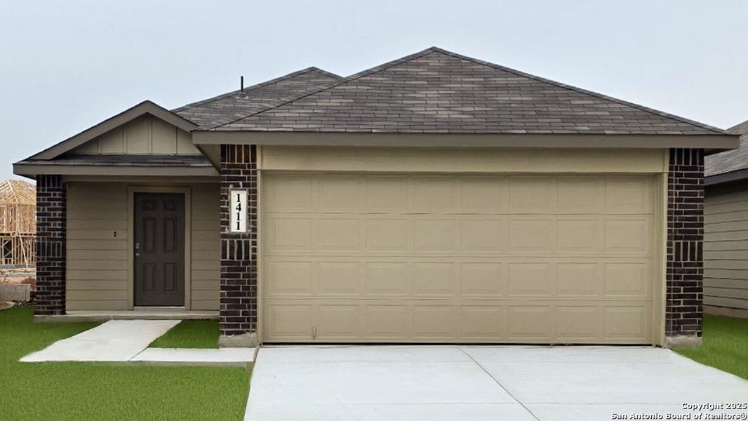 Front exterior of a new home in Sereno Springs, Converse, TX, highlighting curb appeal (Image 2).