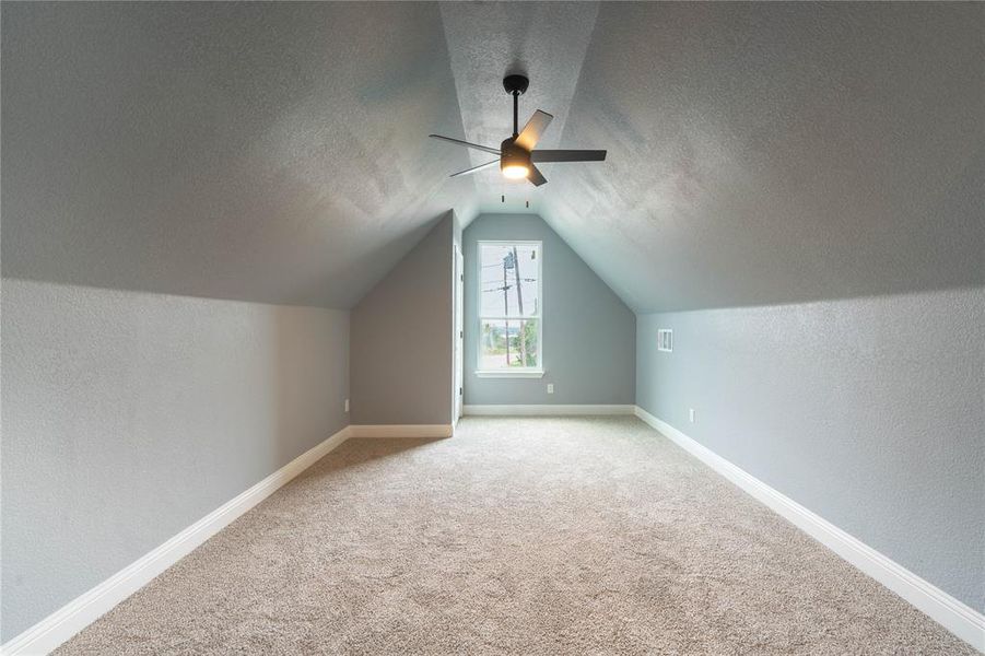 Additional living space with ceiling fan, a textured ceiling, lofted ceiling, and carpet floors