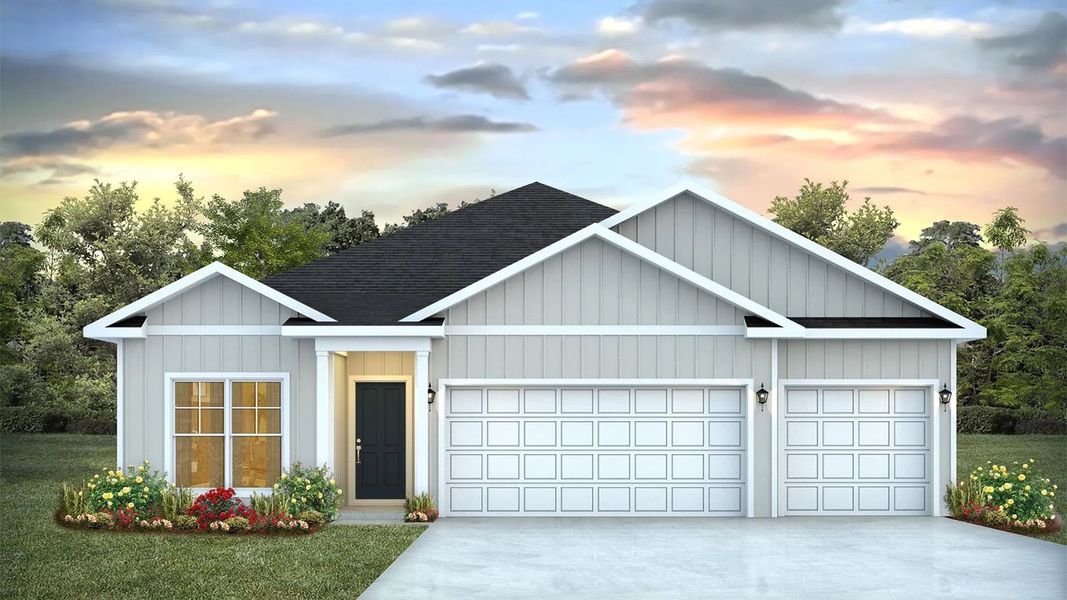 Representative exterior photo of a completed home built from the The Madison by D.R. Horton in Hodges Bayou Plantation, Panama City, FL (Image 1).