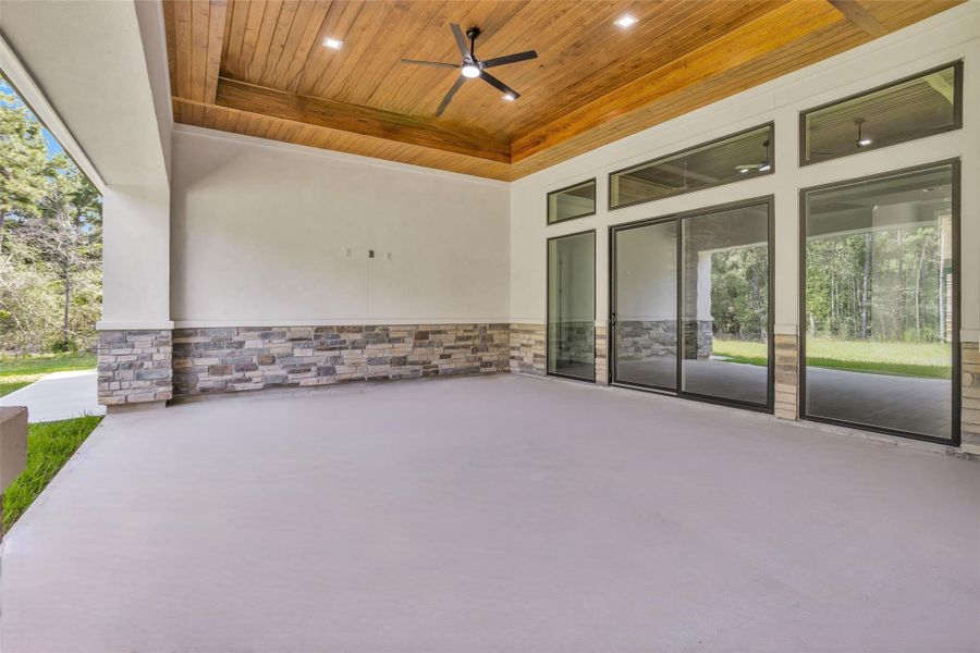 941 sf shaded covered patio is ready for a buyer to add their outdoor TV set and is finished with 2 shielded CAT6A (Ethernet/Data) and shielded coaxial (TV) cables and.