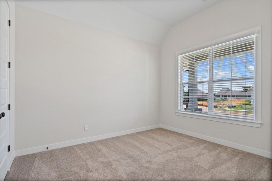 Carpeted room featuring a double-hung window with blinds, vaulted ceiling, white baseboards, and a paneled door with black hardware Carpeted room featuring a double-hung window with blinds, vaulted ceiling, white baseboards, and a paneled door with black hardware