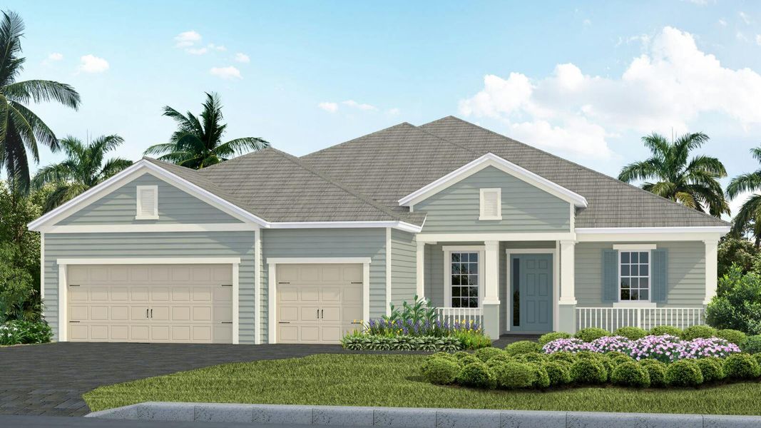 Front exterior of a new home in Grand Palm Real Estate and Homes for Sale in Venice, FL - Neal Communities, Venice, FL, highlighting curb appeal (Image 1). Front exterior of a new home in Grand Palm Real Estate and Homes for Sale in Venice, FL - Neal Communities, Venice, FL, highlighting curb appeal (Image 1).