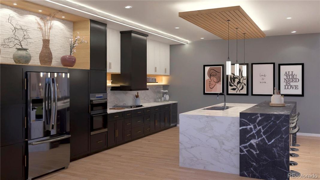 Gourmet kitchen with custom lighting