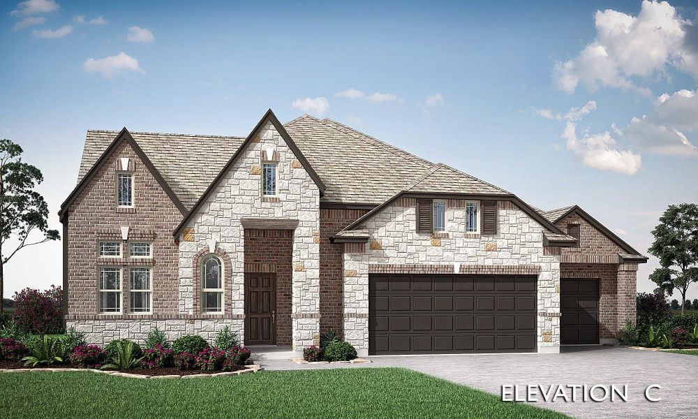 Single-story home with brick and stone exterior, two-car garage, and arched front entry, labeled Elevation C