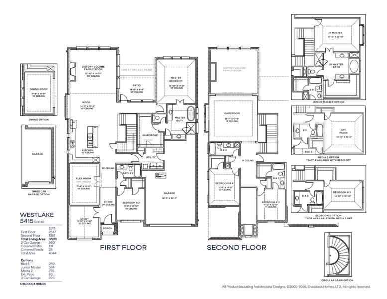 2D floor plan layout for the Westlake - SH 5415 by Shaddock Homes in Estates at Rockhill, Frisco, TX (Image 4).