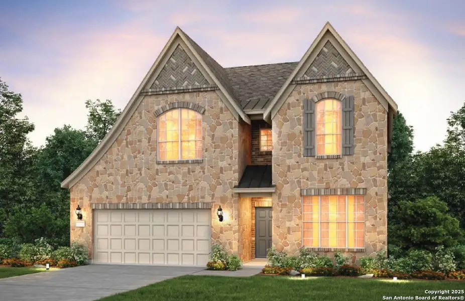 Front exterior of a new home in Legacy at Lake Dunlap, New Braunfels, TX, highlighting curb appeal (Image 1).