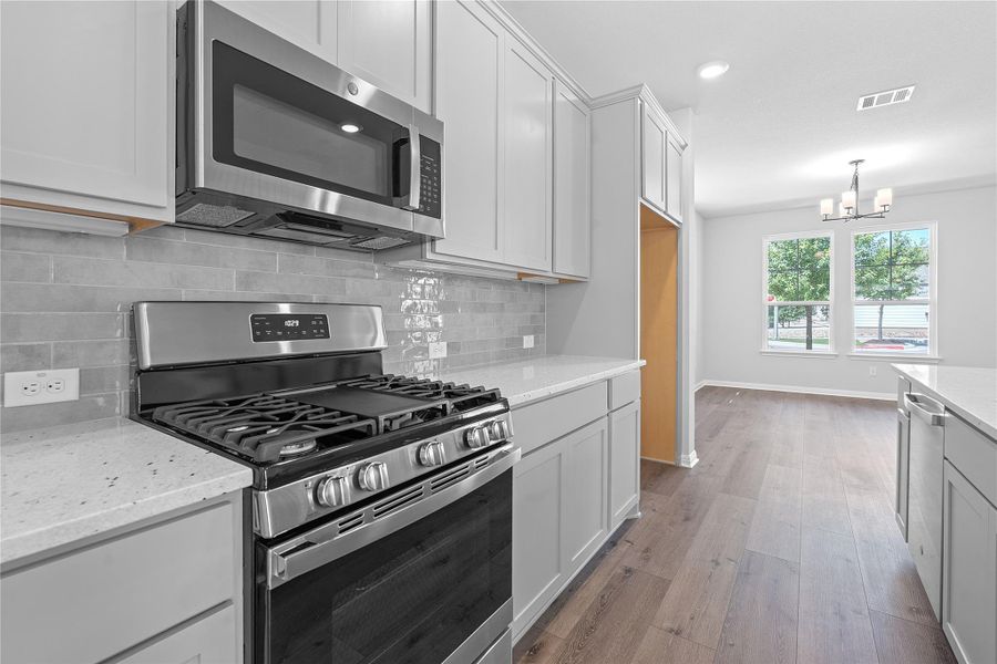 Kitchen featuring stainless steel appliances, a chandelier, wood finished floors, light stone countertops, and decorative backsplash