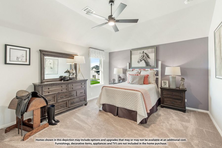 Bedroom with gray accent wall, ceiling fan, dark wood dresser, and carpeted floor Bedroom with gray accent wall, ceiling fan, dark wood dresser, and carpeted floor