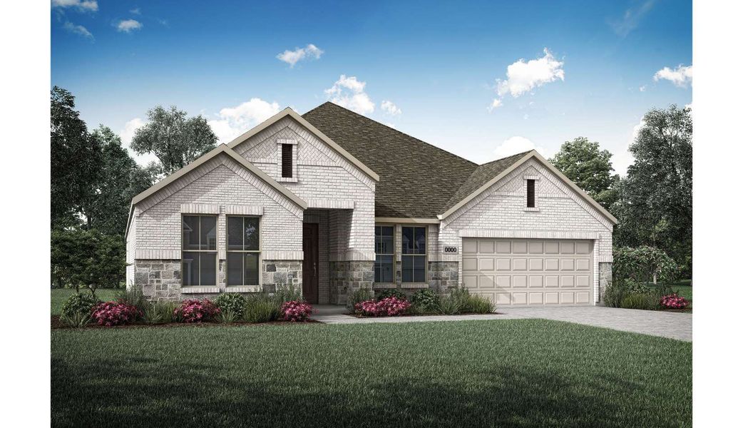 Front exterior of a new home in Inspiration Collection at Union Park, Little Elm, TX, highlighting curb appeal (Image 1).