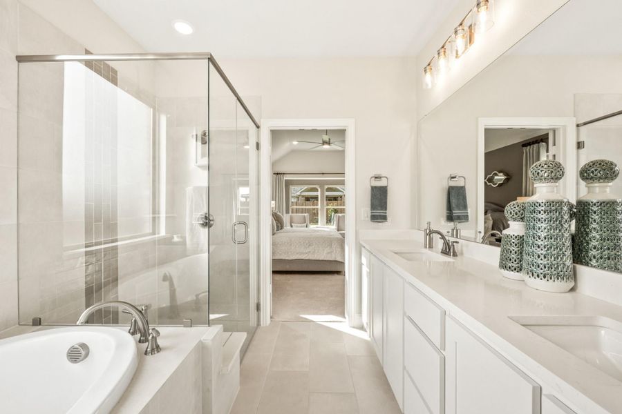 Master bathroom with glass walk-in shower, soaking tub, and double vanity with white cabinets Master bathroom with glass walk-in shower, soaking tub, and double vanity with white cabinets