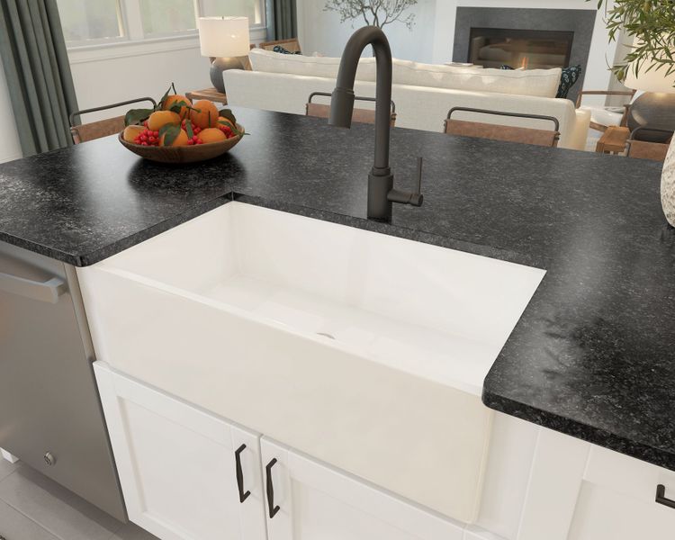 Kitchen with white apron-front sink and matte black fixtures