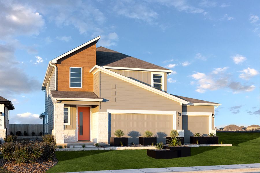 Front exterior of a new home in Willowbrook, New Braunfels, TX, highlighting curb appeal (Image 2). Front exterior of a new home in Willowbrook, New Braunfels, TX, highlighting curb appeal (Image 2).