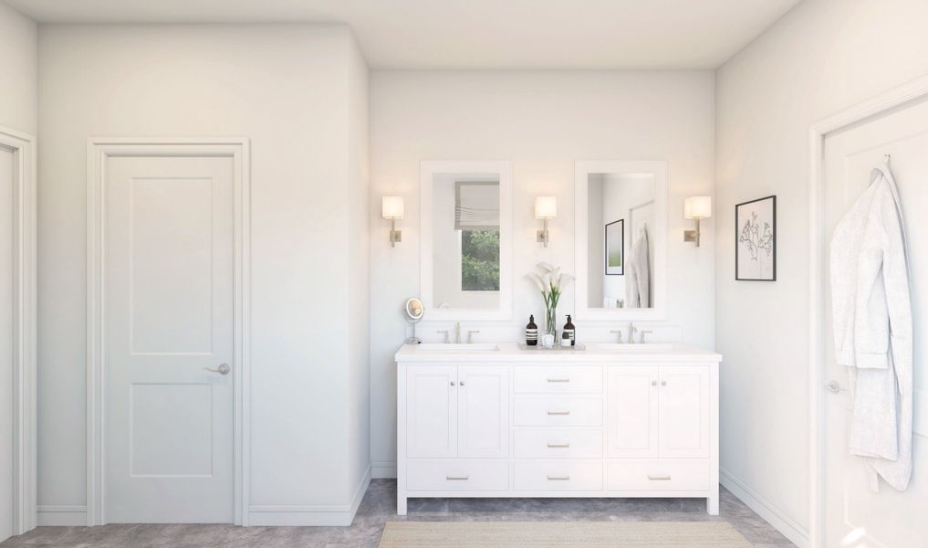 Primary bath with dual sinks and brushed nickel fixtures throughout