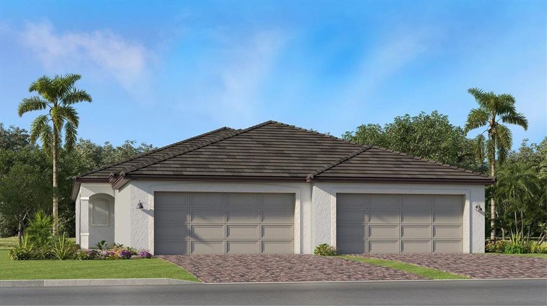 Front exterior of a new home in Calusa Country Club, Lakewood Ranch, FL, highlighting curb appeal (Image 1). Front exterior of a new home in Calusa Country Club, Lakewood Ranch, FL, highlighting curb appeal (Image 1).