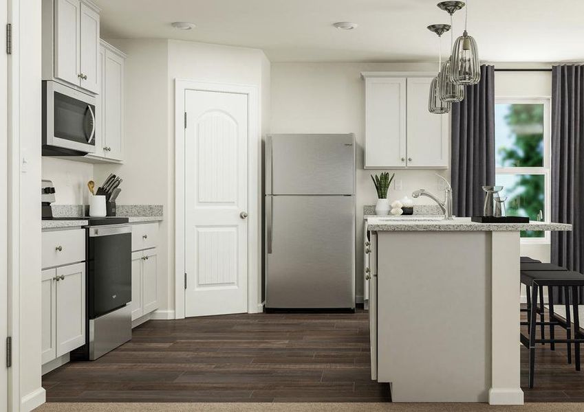 Rendering of the kitchen with vinyl plank
  flooring, white cabinetry and stainless steel appliances.Â