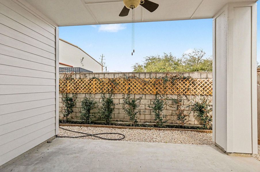 Private covered patio perfect for relaxing or outdoor dining.