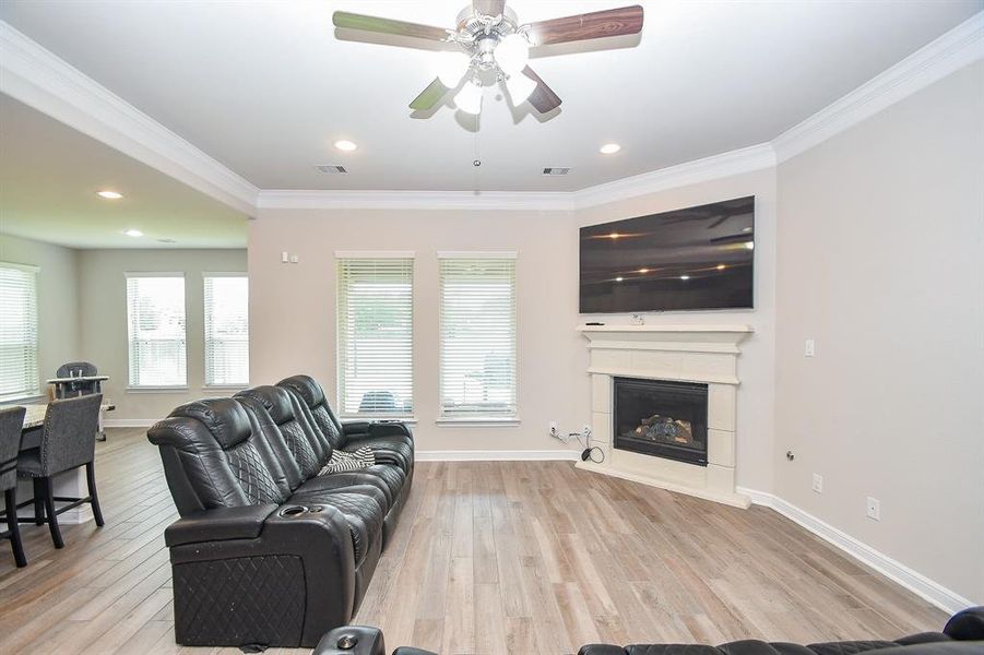 Corner fireplace with TV mount.