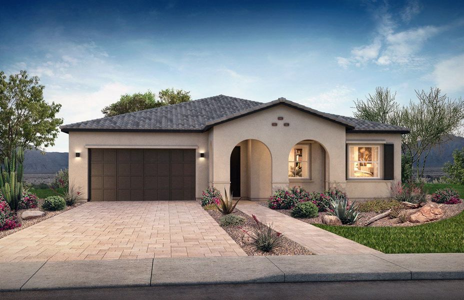 Front exterior of a new home in Emblem at Avalon Crossing, Mesa, AZ, highlighting curb appeal (Image 2). Front exterior of a new home in Emblem at Avalon Crossing, Mesa, AZ, highlighting curb appeal (Image 2).