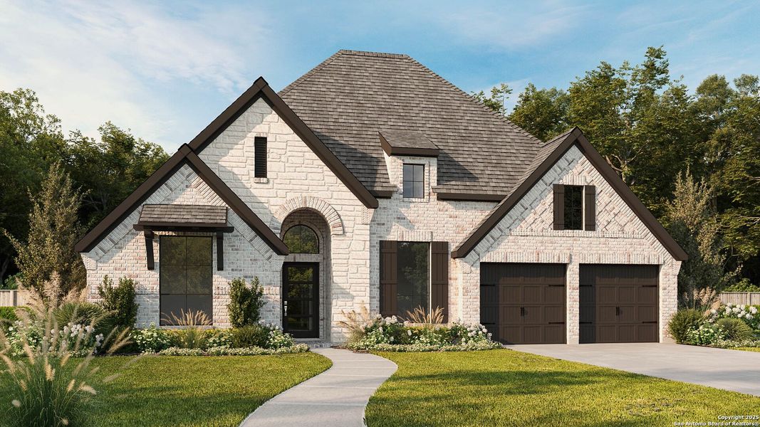 Front exterior of a new home in Meadows Of Mill Creek 60', Seguin, TX, highlighting curb appeal (Image 1).