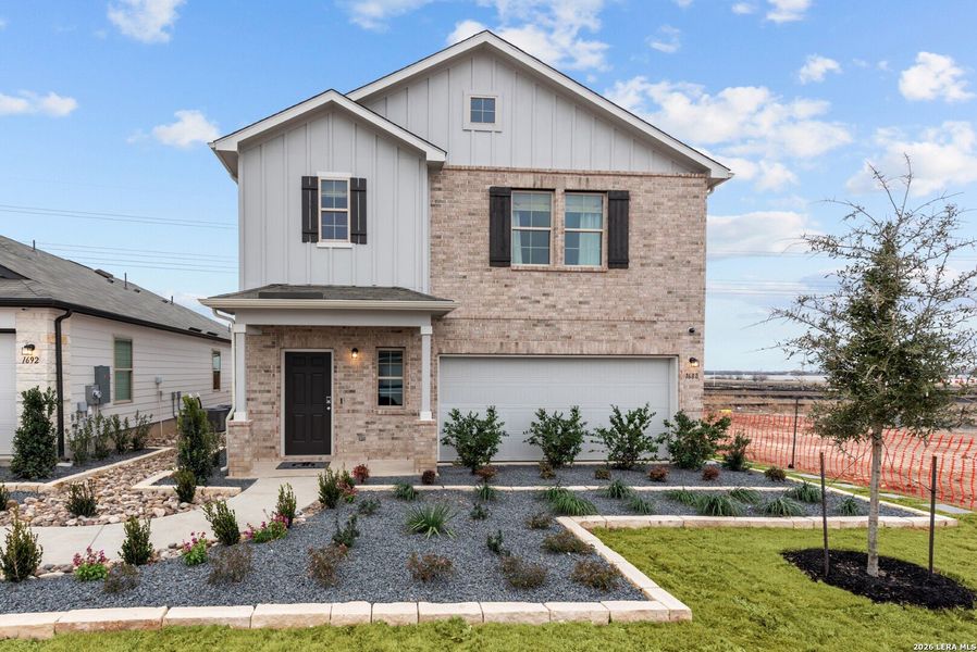 Front exterior of a new home in Meadows at Clear Springs, New Braunfels, TX, highlighting curb appeal (Image 1). Front exterior of a new home in Meadows at Clear Springs, New Braunfels, TX, highlighting curb appeal (Image 1).