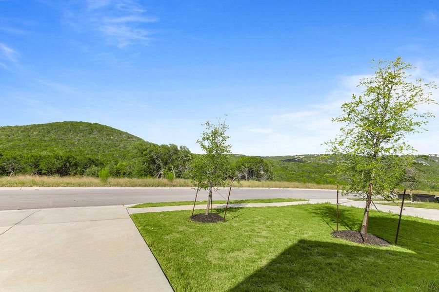 Green landscaping and a paved driveway complement this residential lot, offering expansive hill views. Green landscaping and a paved driveway complement this residential lot, offering expansive hill views.