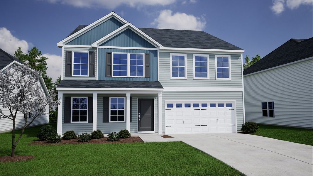 Representative exterior photo of a completed home built from the Warren - Genesis Value Collection by Mungo Homes in Meadows at Lilah Grove, Summerfield, NC (Image 9).