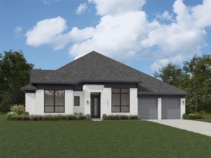 Front exterior of a new home in Fulbrook on Fulshear Creek, Fulshear, TX, highlighting curb appeal (Image 1). Front exterior of a new home in Fulbrook on Fulshear Creek, Fulshear, TX, highlighting curb appeal (Image 1).