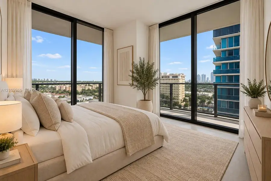 Floor-to-ceiling windows with dark framing, metal balcony railings, and neutral flooring