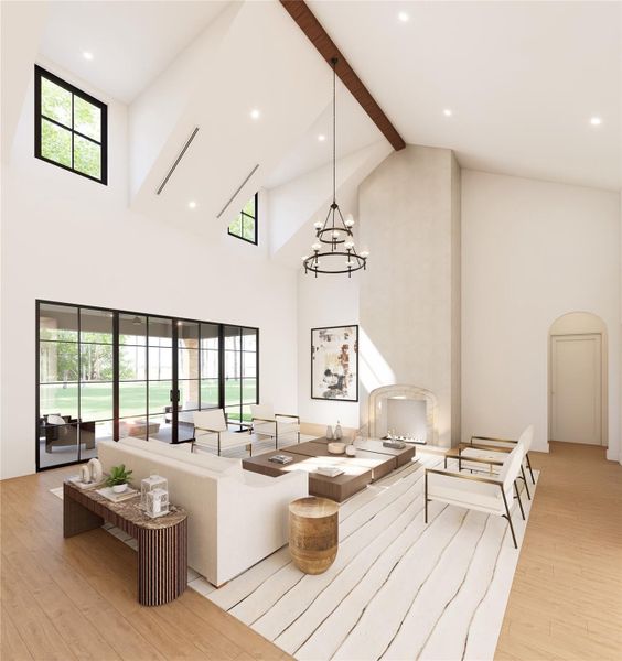Another view of the grand living area showcasing vaulted ceilings, expansive windows and walls of glass that frame the outdoor living space while filling the home with natural light.