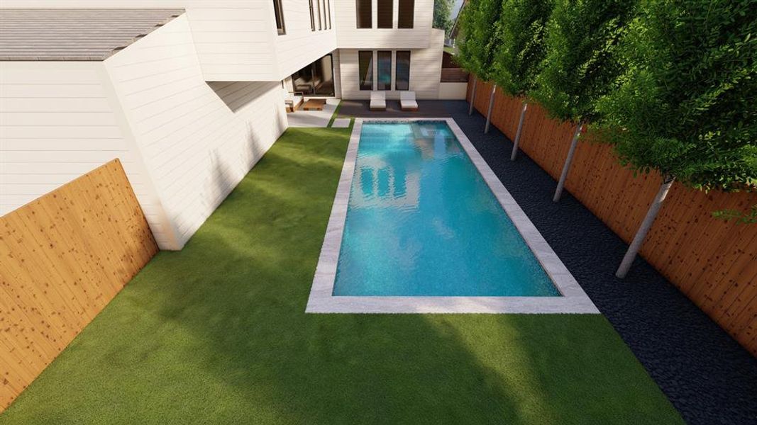 Rendering of Pool-sized yard offers space for a lawn in addition to a pool.