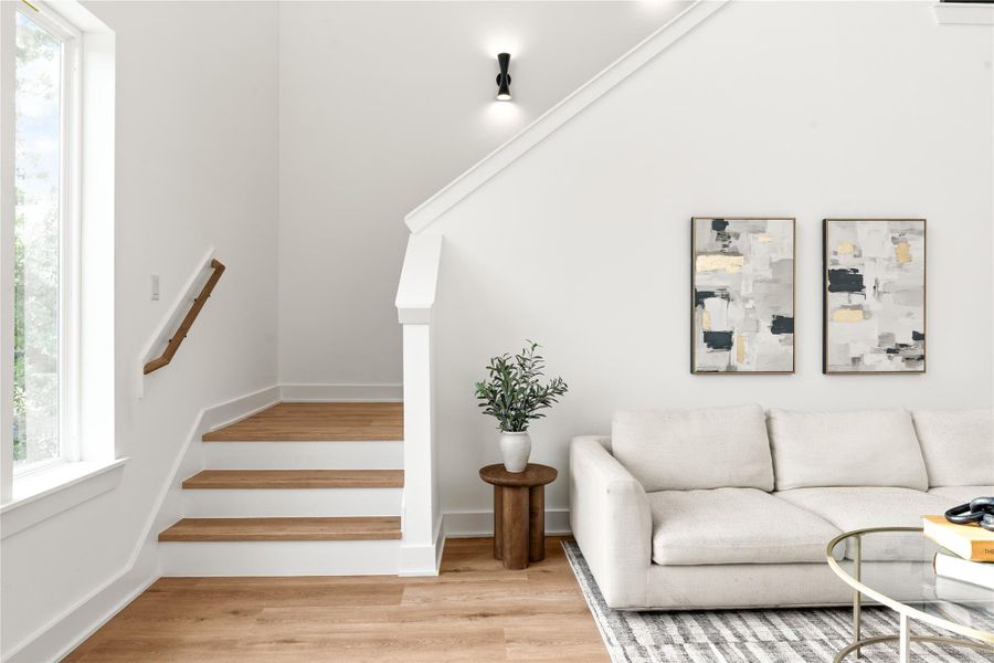 Designed with separation in mind, the upstairs level is reserved for the lofted office and generously sized secondary bedrooms. Designed with separation in mind, the upstairs level is reserved for the lofted office and generously sized secondary bedrooms.