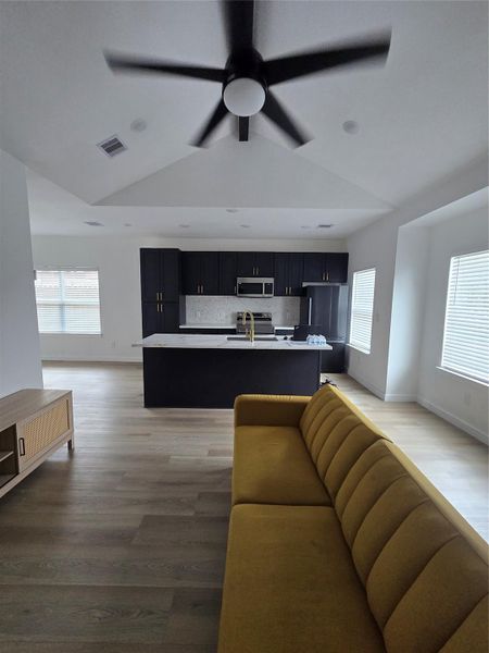 Open Concept Home with Vaulted Ceilings in the Family Room.