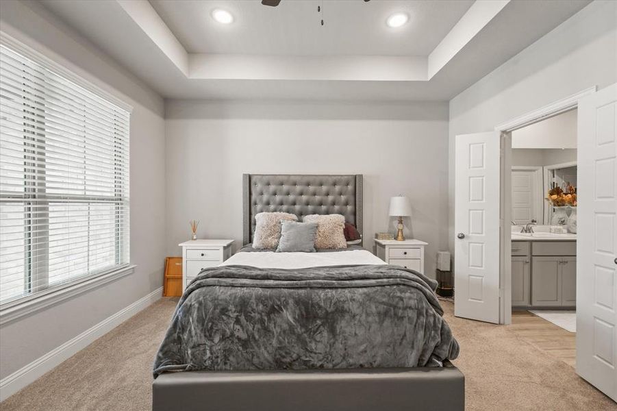 Carpeted bedroom with ensuite bathroom, ceiling fan, a tray ceiling, and sink