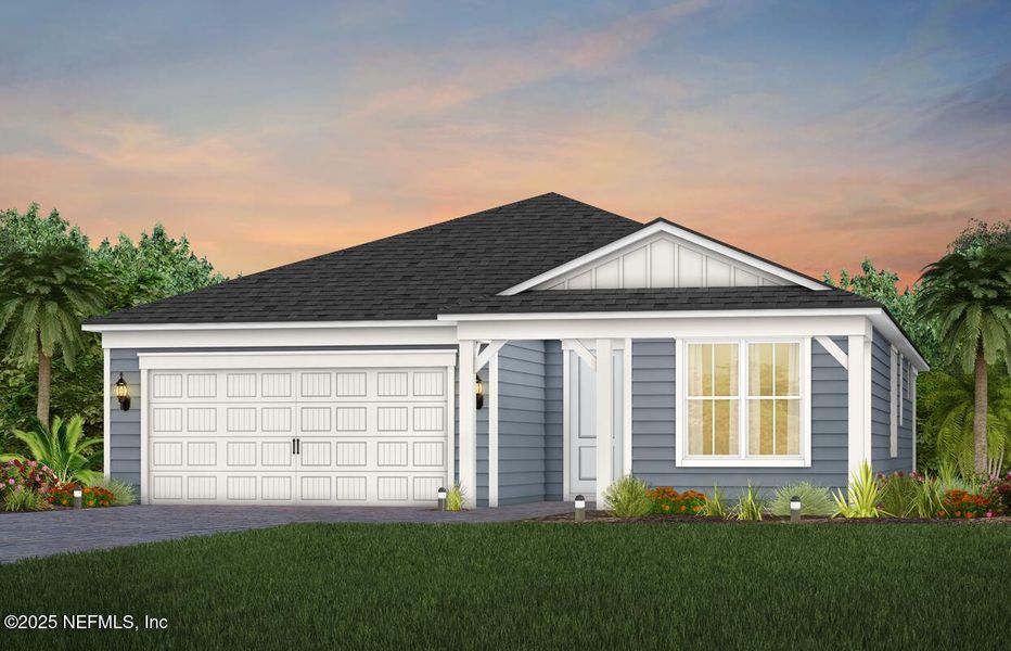 Front exterior of a new home in Del Webb Wildlight, Yulee, FL, highlighting curb appeal (Image 1).