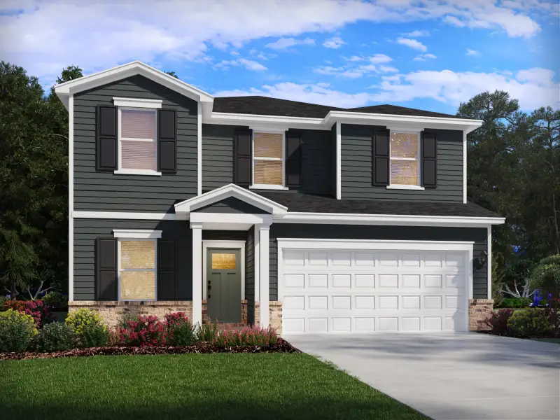 Front exterior of a new home in The Heritage at Buffaloe Reserve, Raleigh, NC, highlighting curb appeal (Image 1). Front exterior of a new home in The Heritage at Buffaloe Reserve, Raleigh, NC, highlighting curb appeal (Image 1).