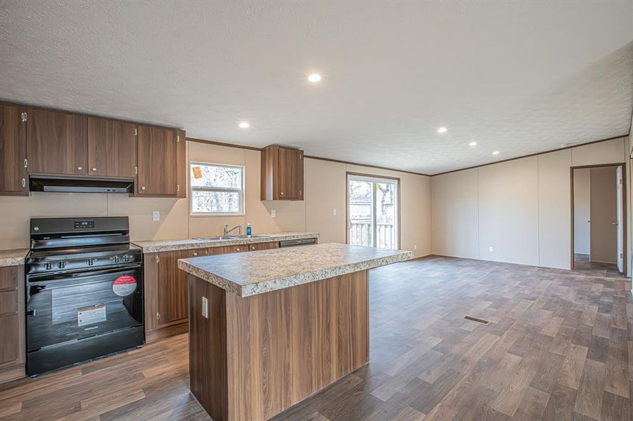 Kitchen with sink, exhaust hood, black range, dark hardwood / wood-style floors, and a kitchen island Kitchen with sink, exhaust hood, black range, dark hardwood / wood-style floors, and a kitchen island