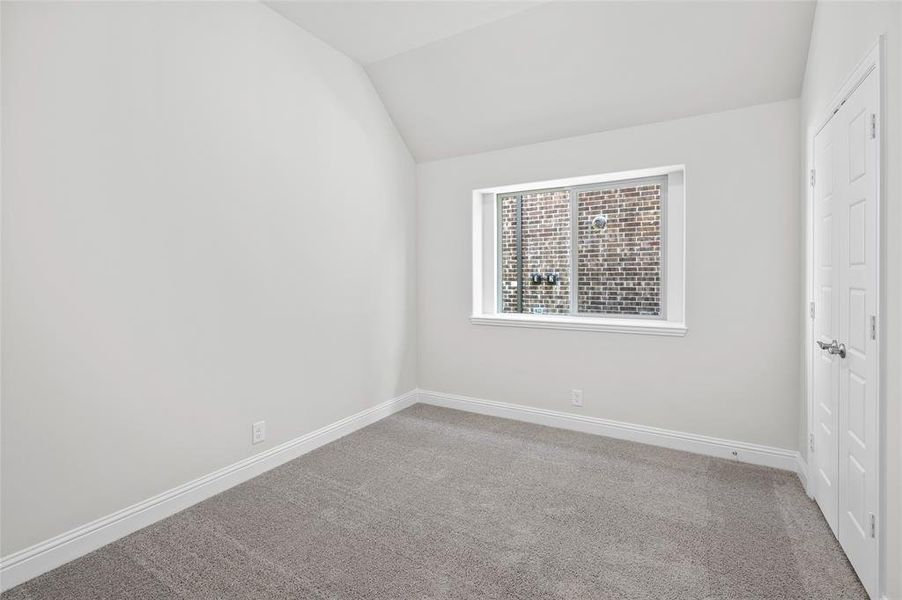 Spare room with carpet flooring and vaulted ceiling