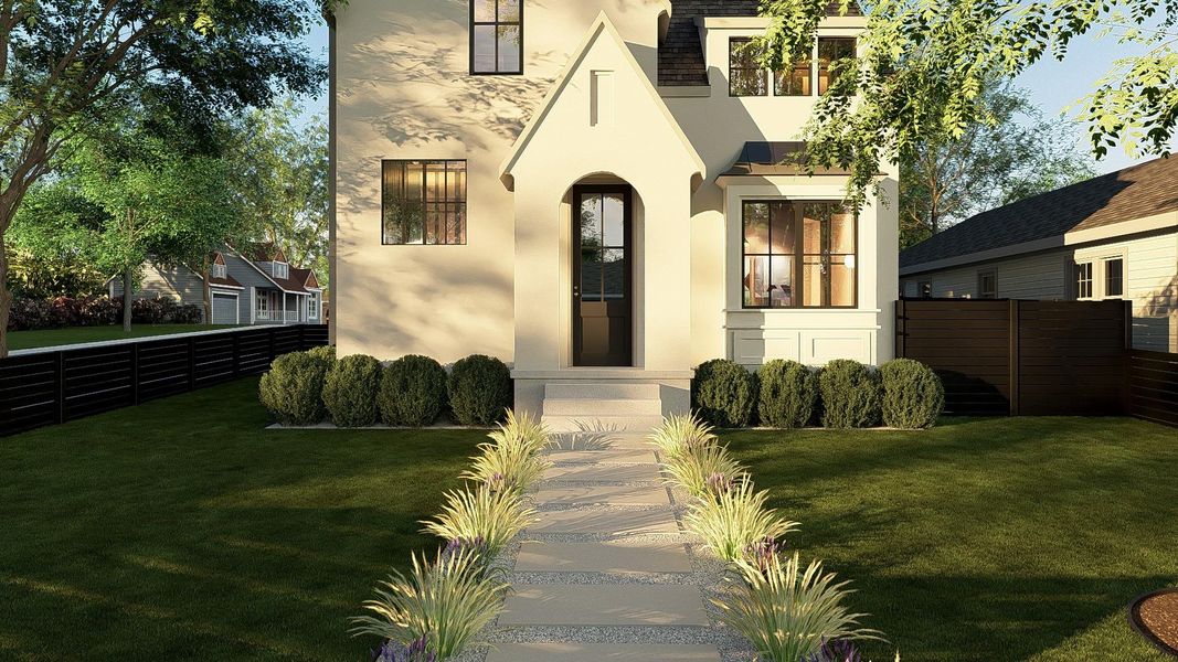 Close up of the front facade highlighting custom architectural details.