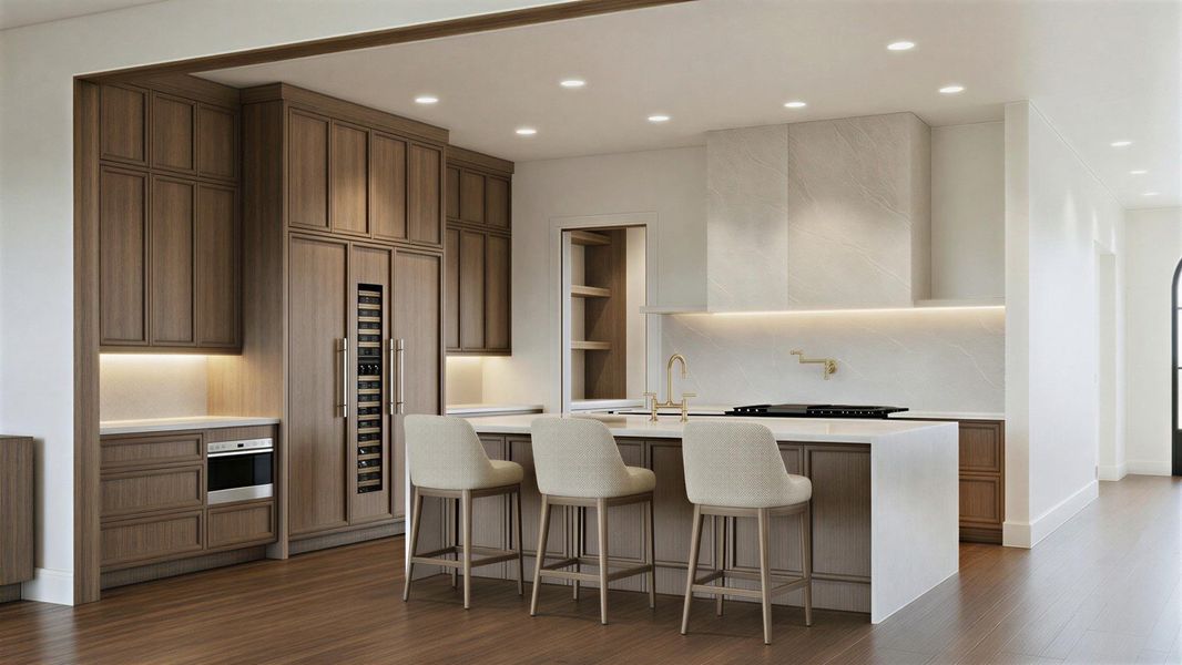 Rendering: Chef's kitchen with natural stone, custom cabinets and high end appliance package.