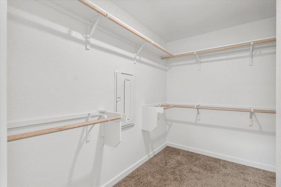 Functional closet featuring ample hanging space and neutral carpeting.
