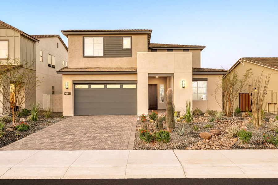 Representative exterior photo of a completed home built from the Safflower Plan 40-4 by Tri Pointe Homes in Soleo, San Tan Valley, AZ (Image 23).