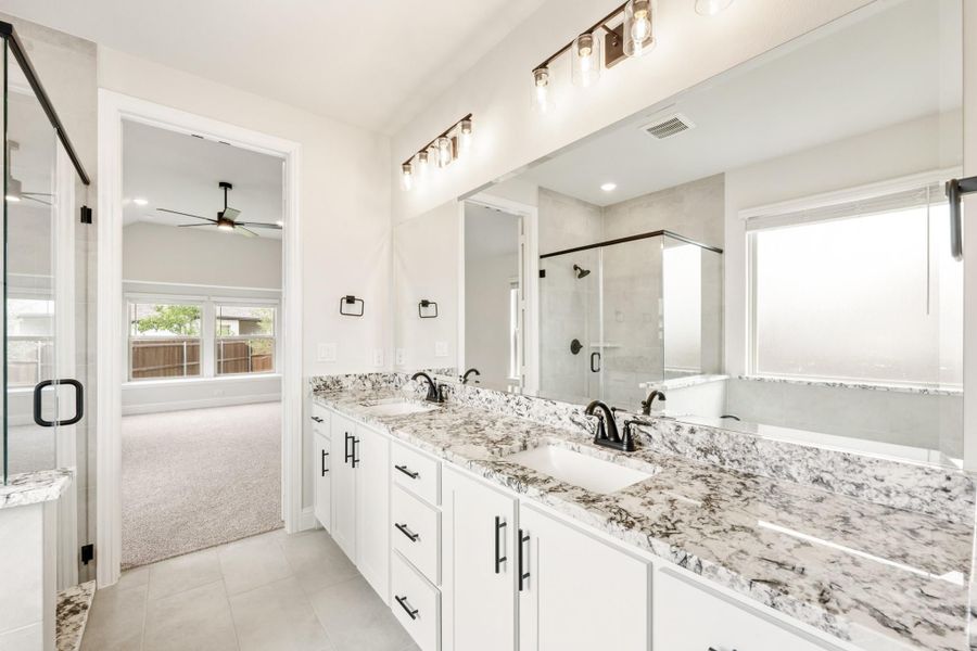 Master bathroom with double vanity, granite countertops, white cabinets, and glass walk-in shower Master bathroom with double vanity, granite countertops, white cabinets, and glass walk-in shower