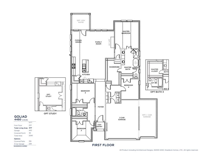 2D floor plan layout for the Goliad - SH 4450 by Shaddock Homes in Tavolo Park, Fort Worth, TX (Image 3).