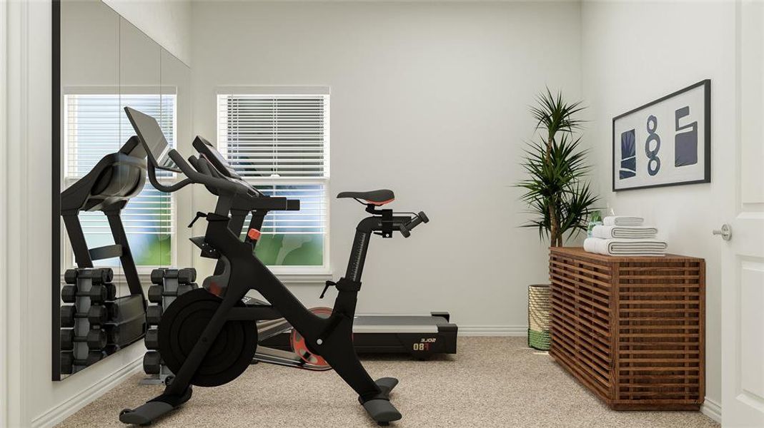 Exercise area featuring light colored carpet