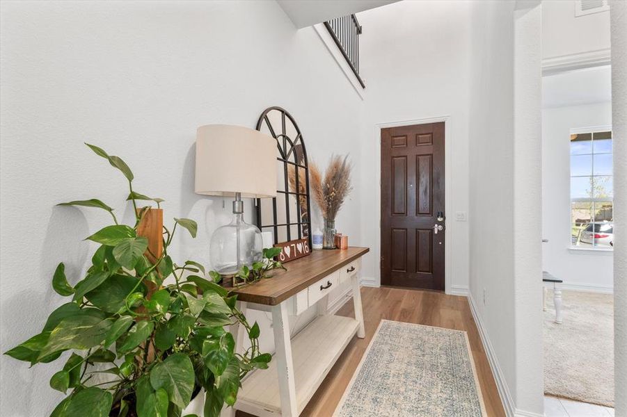 Entryway featuring a dark wood paneled door, wood-finish flooring, and a bright white color palette